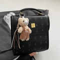 Petit sac carré noir vintage avec imprimé lapin et charmant pendentif d'ours en peluche - Noir Avec Pendentif Ours