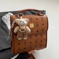 Sac à main marron vintage avec imprimé lapin et pendentif ours en peluche mignon - Brun Jaune + Charme d'Ours