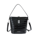 Sac seau noir élégant à texture crocodile avec fermoir argenté et bandoulière cuir - Noir