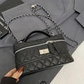 Classic black quilted handbag with silver chain strap and top handle for women - No Pendant / Black