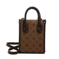 Mini borsa vintage marrone con stampa monogramma e dettagli di borchie dorate - Nero