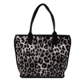Fashionable leopard print tote bag with grey and white animal patterns and black handles - Black