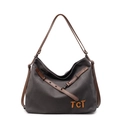 Sac cabas en toile gris foncé avec anses en cuir marron et broderie orange TCT - Brun Foncé