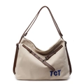 Sac cabas en toile crème avec bandoulière en cuir marron et broderie TCT bleu marine - Gris Beige