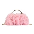 Elegante borsa rosa in tulle con ruches, manico in metallo dorato e tracolla a catena - Rosa