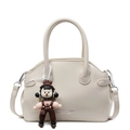 Borsa a mano minimalista crema in pelle cerata con ciondolo a orsetto e tracolla - Ciondolo Bambola / Bianco avorio
