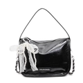 Borsa a cuscino in pelle morbida nera lucida con fiocco di perle e catena argento - Nero