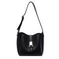 Sac seau classique en cuir noir à motif litchi avec boucle métallique argentée chic - Noir