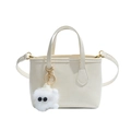Creamy white leather bucket bag with dual handles and a cute white plush monster charm - No Pendant / White