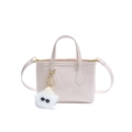 Minimalist light pink leather bucket bag with cute plush monster pendant for women - No Pendant / Pink