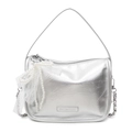 Borsa a bauletto in morbida pelle argento metallizzato con perla e tracolla a catena - Argento