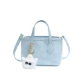 Light blue minimalist leather bucket bag with dual handles and white plush monster charm - No Pendant / Blue