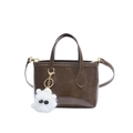 Brown vintage leather bucket bag with top handle, crossbody strap and plush charm - Brown