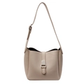 Chic beige lychee texture leather bucket bag with silver buckle and adjustable strap - Khaki