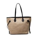 Large straw tote bag in light brown weave with black leather handles and metal studs - Black