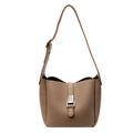 Elephant gray lychee grain leather bucket bag with silver buckle and adjustable strap - Brown