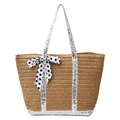 Brown straw tote bag with silver sequins and a black and white polka dot ribbon - Silver