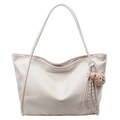 Creamy white large capacity soft leather tote bag with cute brown plush bear charm - With Charm / Off White