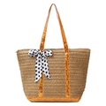 Straw tote bag in brown woven texture with bright orange sequins and polka dot bow detail - Yellow