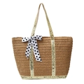 Straw tote bag with sequined gold handles and a black polka dot bow accent - Gold