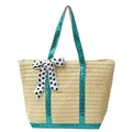 Straw tote bag with green sequins and polka dot bow detail for beach summer vacation - Green