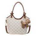 Sac seau rétro monogramme beige et marron avec breloque chien mignonne - Avec Pendentif Chien en PU de Couleur Assortie / Marron
