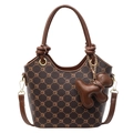 Sac seau marron rétro avec motif monogramme, breloque chien et bandoulière en cuir - Avec Pendentif Chien en PU de Couleur Assortie / Marron