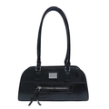 Minimalist black glossy underarm bag with a vintage silhouette and silver metal plaque - Black