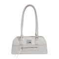 Minimalist cream white shoulder bag in PU leather with silver metal plate accent - White
