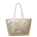 Beigefarbene Stroh-Shopper mit weißen Ledergriffen und eleganter Spitzen-Schleife - Gebrochenes Weiß