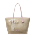 Große beige Strohtasche mit rosa Ledergriffen und Spitzenschleife für den Strandurlaub - Rosa