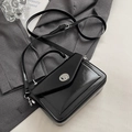Elegant black glossy faux leather small square handbag with silver clasp and shoulder strap - No Pendant / Black