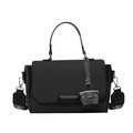 Black mini square bag with woven flap and ethnic geometric patterned wide strap - Black