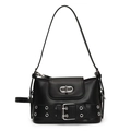 Bolso de hombro minimalista en cuero negro liso con hebilla plateada y ojetes metálicos - Negro