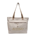 Borsa tote in tela bianco sporco minimalista con ricamo dorato e manici marroni - Bianco Sporco