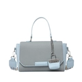 Chic light blue crossbody square bag with grey textured flap and patterned wide strap - Blue