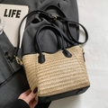 Contrast woven straw bucket bag with black leather trim and detachable shoulder strap - No Pendant / Black