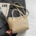 Straw and cream leather bucket bag with gold hardware and removable shoulder strap - No Pendant / White
