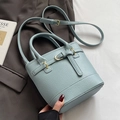 Elegant light blue litchi pattern bucket bag with double handles and long shoulder strap - Blue - Without Pendant