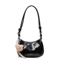 Glossy black crescent shoulder bag with a plush bear charm and sleek ribbon detail - Black