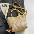 Straw bucket bag with yellow leather trim, featuring a woven texture and adjustable strap - No Pendant / Yellow
