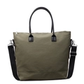 Olive green canvas tote bag with black leather handles and adjustable shoulder strap - Green