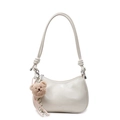 Minimalist cream white PU leather shoulder bag with cute bear charm and knot details - Off White
