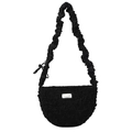 Chic black ruched half-moon shoulder bag with textured fabric and silver logo plate - Black