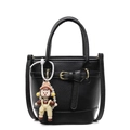 Minimalist black lychee pattern bucket bag with golden hardware and cute charm - Black (With Doll Charm)