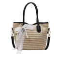 Natural straw bucket bag with black leather handles and white lace bow detail - Lace Pearl Bow Style / Black