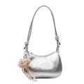 Minimalist silver metallic shoulder bag with knot straps and a cute plush bear charm - Silver