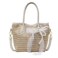 Contrast straw bucket bag with white lace bow and faux pearl beads in beige - Lace Pearl Bow Style / White