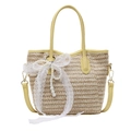 Straw bucket bag with yellow trim, white lace bow, and pearl pendant detail - Lace Pearl Bow Style / Yellow
