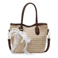 Two-tone straw bucket bag with dark brown leather trim and lace bow decoration - Lace Pearl Bow Style / Brown
